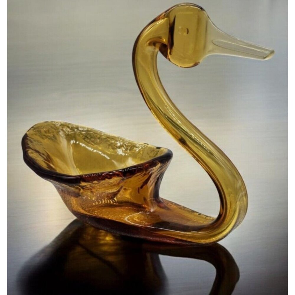 Art Glass Handblown Amber Gold Swan Console Bowl Dish Figurine 6.5" tall READ